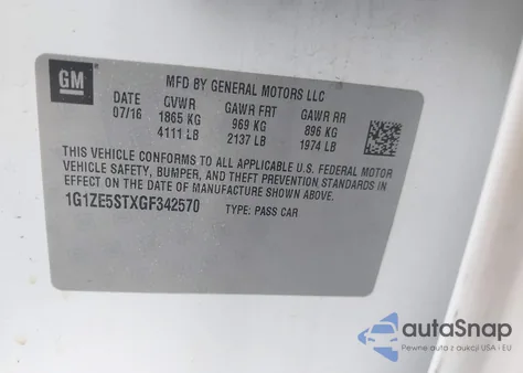 2016 Chevrolet Malibu 1Lt z USA, uszkodzony, nr VIN 1G1ZE5STXGF342570